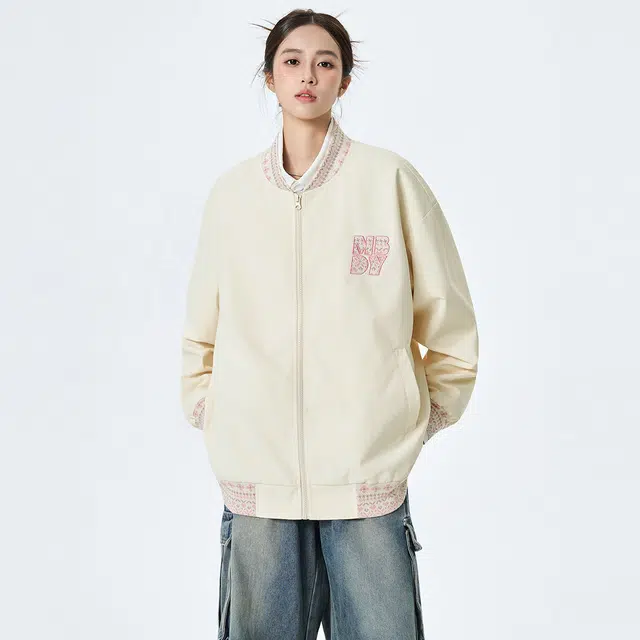 领航骆驼 学院风字母印花棒球领落肩宽松夹克外套 男女同款