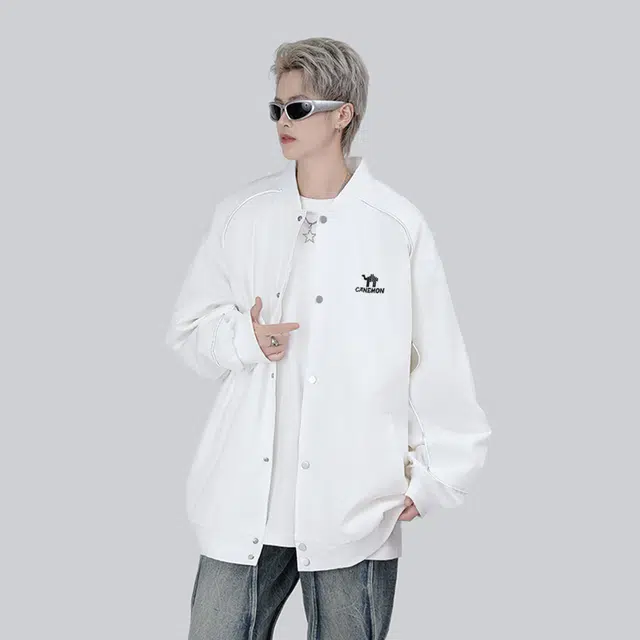 领航骆驼 学院风学生党出行经典简约无性别主义长袖山系户外反光条纹撞色拼接宽松休闲百搭落肩棒球领开衫潮流夹克   男女同款