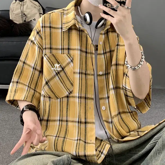 领航骆驼 时尚街头拼接撞色慵懒格子格纹宽松休闲百搭通勤舒适透气落肩纽扣翻领  衬衫 男女同款