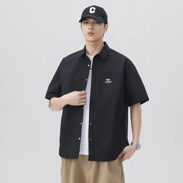 领航骆驼 学院风小口袋拼接设计感翻领休闲宽松纯色百搭日常通勤排汗透气可叠穿夏季薄款工装外套短袖  衬衫  男女同款