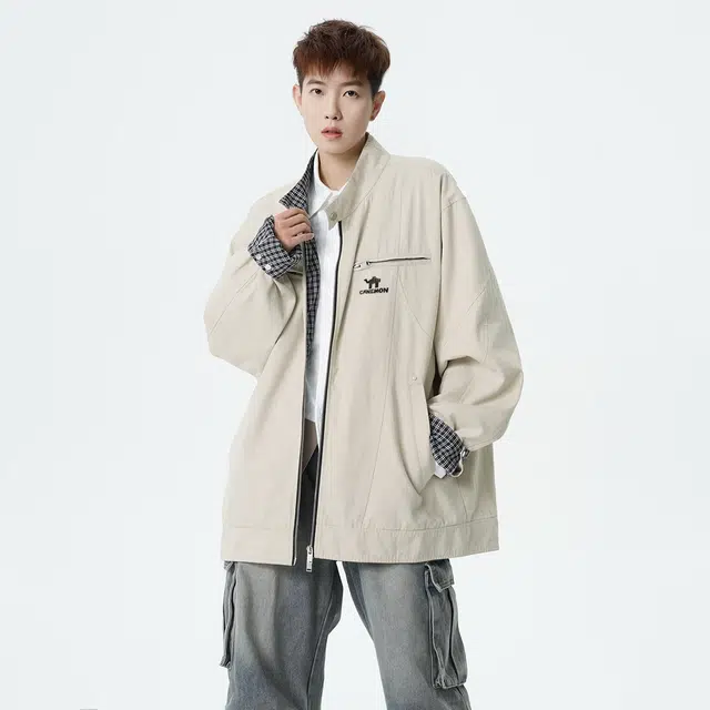 领航骆驼 时尚街头潮牌重工琥珀流光风无性别主义穿搭高级感宽松休闲内里拼接格子翻领飞行员教练外套   夹克  男女同款