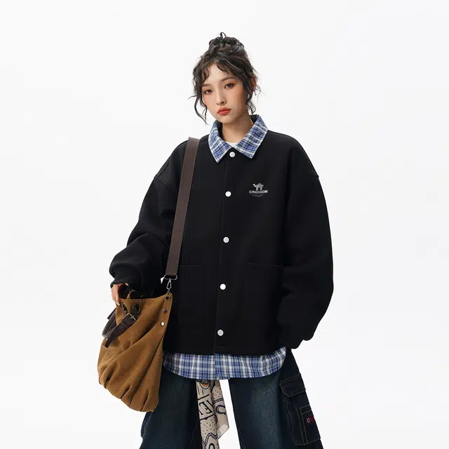 领航骆驼 假两件格子拼接翻领美式舒适卫衣 男女同款