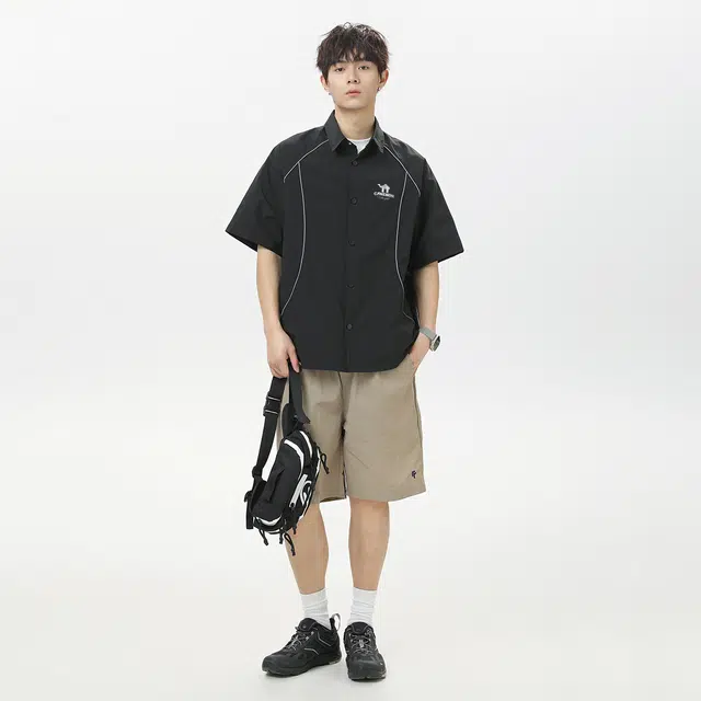 领航骆驼 无性别主义潮牌高街风基础线条解构设计感纯色日常通勤宽松休闲百搭轻薄舒适透气插肩款小众短袖  衬衫 男女同款