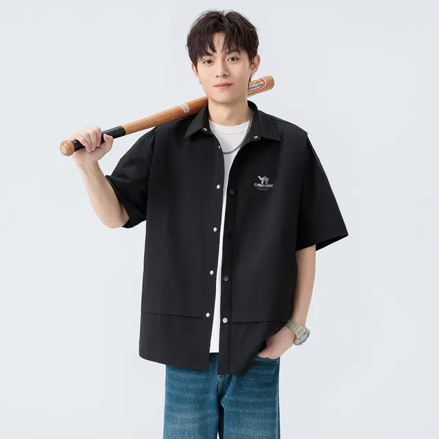 领航骆驼 美式痞帅高街机车潮流休闲纯色基础款衬衣外套宽松透气翻领单排扣垂感免烫落肩短袖  衬衫 男女同款