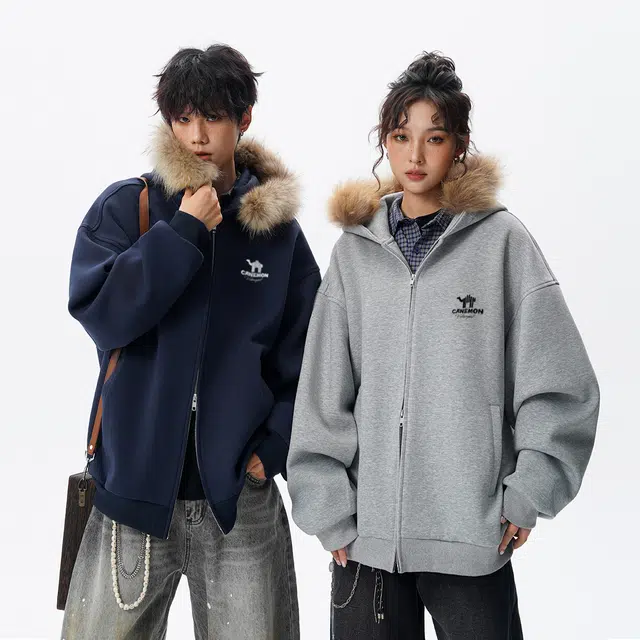 领航骆驼 时尚街头毛领连帽飞行员小众高级感痞帅百搭无性别主义宽松休闲通勤开衫卫 衣 男女同款