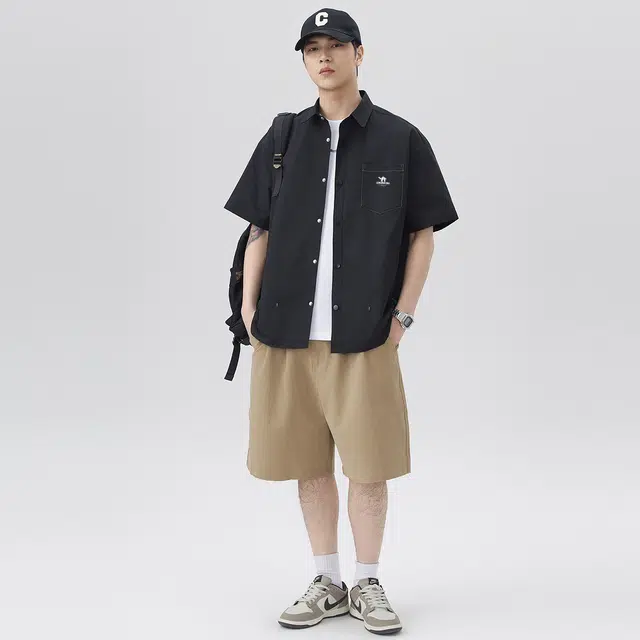 领航骆驼  时尚街头复古潮流百搭舒适韩系青春校园风无性别主义翻领宽松短袖   衬衫 男女同款