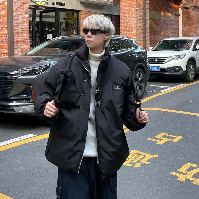 领航骆驼 国潮复古纯色日常通勤学院风时尚百搭高级层次感高领单排扣设计感简约舒适宽松基础款防风保暖外套夹克   棉服 男女同款