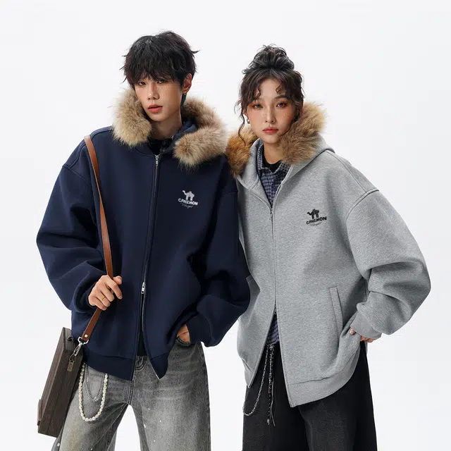 领航骆驼 时尚街头毛领连帽飞行员小众高级感痞帅百搭无性别主义宽松休闲通勤开衫卫 衣 男女同款