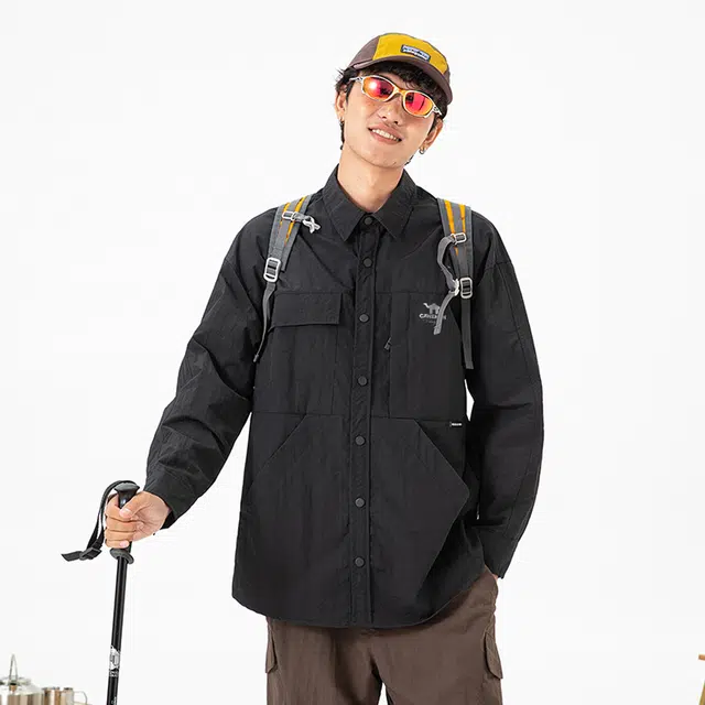 领航骆驼 时尚街头复古纯色字母印花单排扣翻领长袖开衫潮牌日常休闲宽松简约百搭舒适小众设计感上衣无性别主义衬衫 男女同款