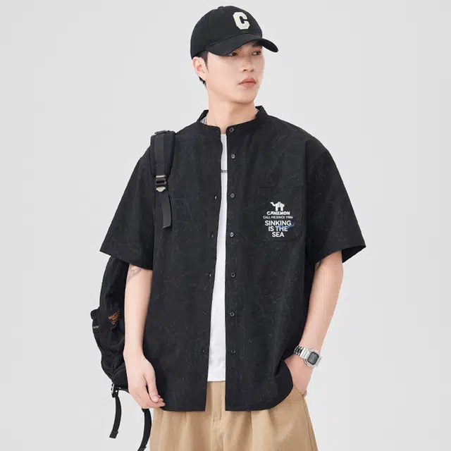 领航骆驼 美式山系户外宽松舒适简约百搭休闲短袖衬衫 男女同款