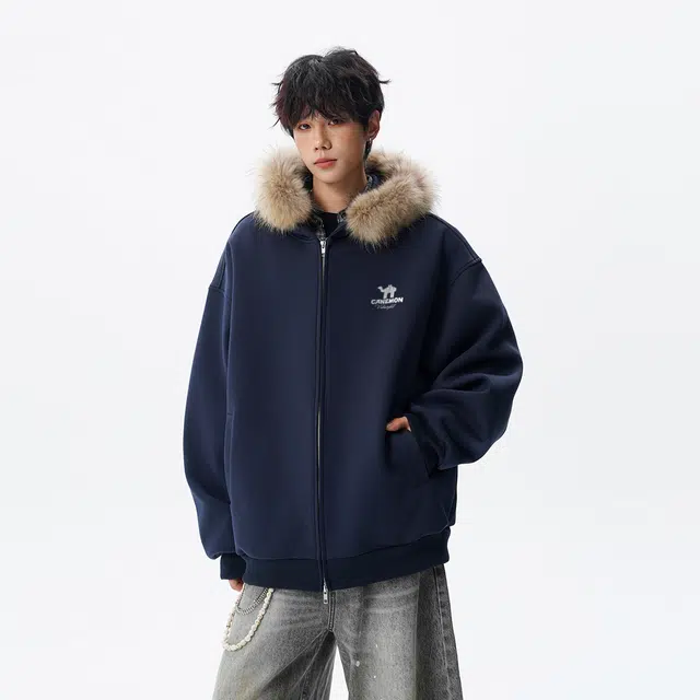 领航骆驼 时尚街头毛领连帽飞行员小众高级感痞帅百搭无性别主义宽松休闲通勤开衫卫 衣 男女同款