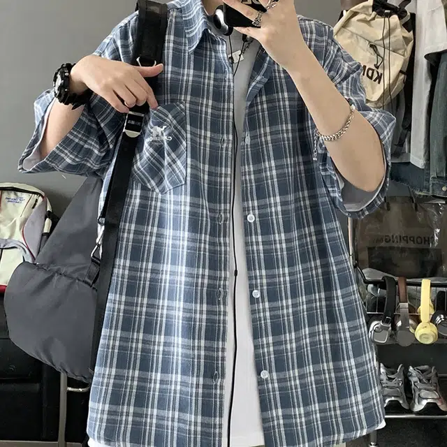 领航骆驼 时尚街头学院风多巴胺格子风宽松休闲翻领短袖百搭衬衫  男女同款