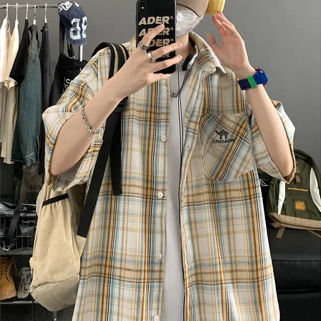 领航骆驼 学院风日系多彩格纹纽扣翻领宽松百搭潮流休闲长袖高街格子衫外套情侣款高级感    衬衫 男女同款