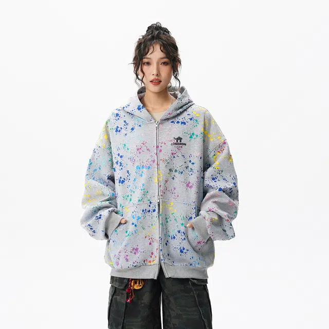 领航骆驼 秋冬季美式复古无性别主义宽松百搭创意泼墨涂鸦休闲时尚潮流连帽开衫长袖  卫衣  男女同款