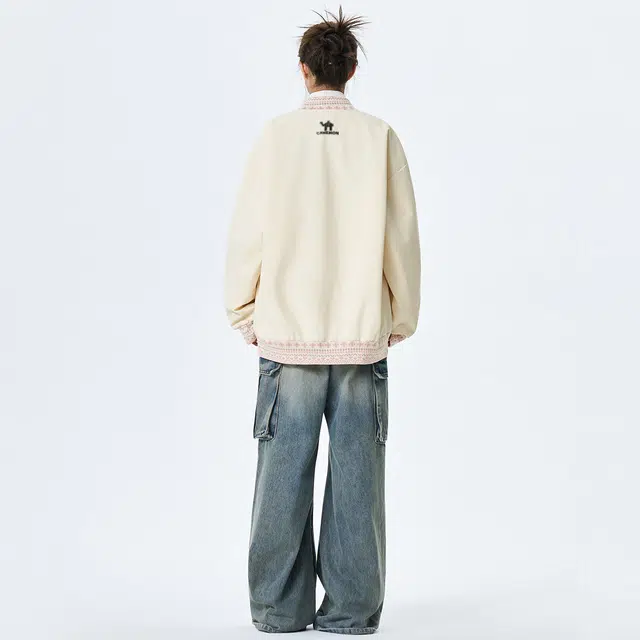 领航骆驼 学院风字母印花棒球领落肩宽松夹克外套 男女同款