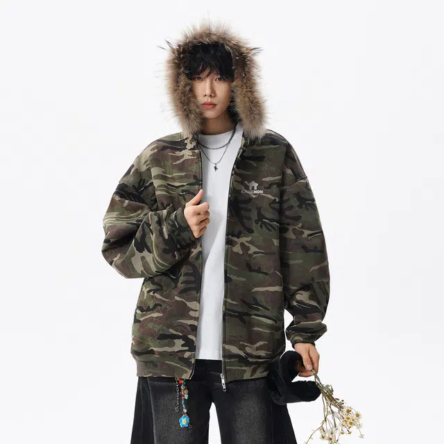 领航骆驼 秋冬季美式复古潮牌迷彩连帽拉链开衫长袖学院底特律风时尚宽松百搭夹克卫衣  男女同款