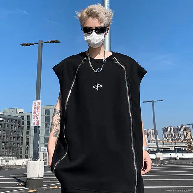 领航骆驼 高街拉链宽松舒适户外运动健身通勤休闲时尚百搭圆领背心 男女同款