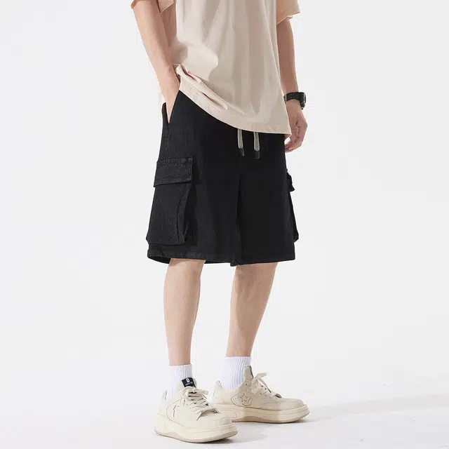 领航骆驼 工装多口袋微弹高街潮流水洗做旧宽松舒适纯色户外通勤百搭休闲牛仔短裤 男女同款