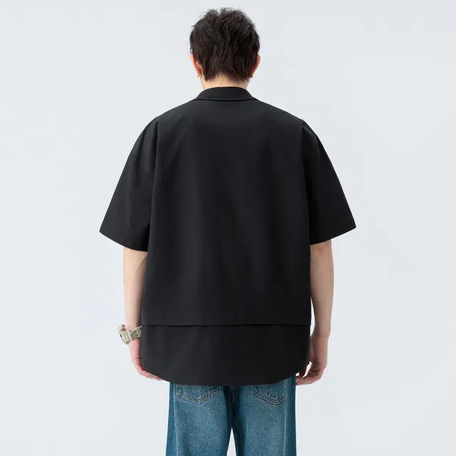 领航骆驼 美式痞帅高街机车潮流休闲纯色基础款衬衣外套宽松透气翻领单排扣垂感免烫落肩短袖  衬衫 男女同款