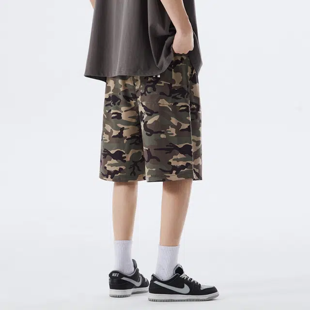 领航骆驼 复古高街宽松户外运动百搭透气迷彩五分休闲短裤 男女同款