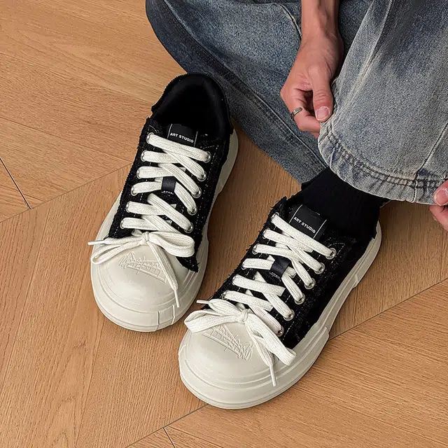 年走索 厚底时尚休闲亮布国潮简约 低帮 板鞋 男女同款 黑色