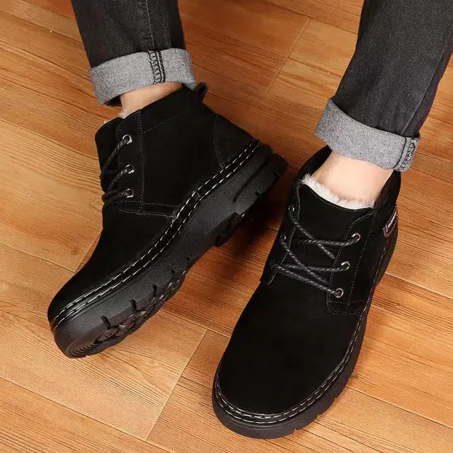 年走索 二层牛皮 耐磨 加绒加厚 保暖防滑 短筒 雪地靴 男款