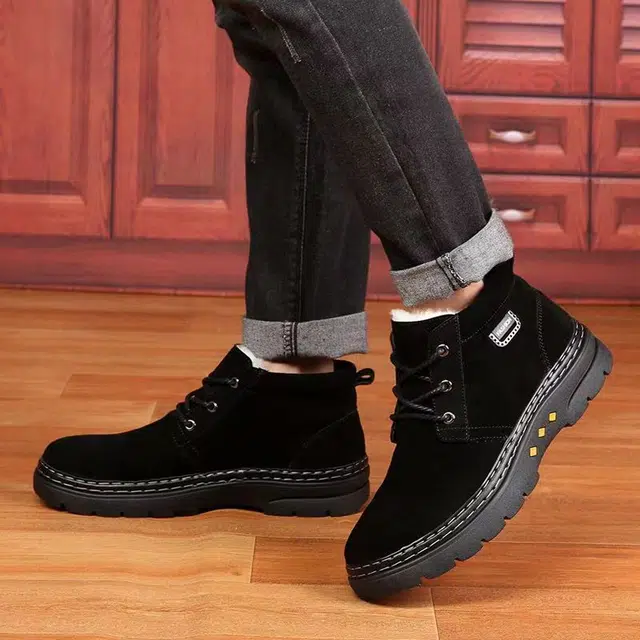 年走索 二层牛皮 耐磨 加绒加厚 保暖防滑 短筒 雪地靴 男款