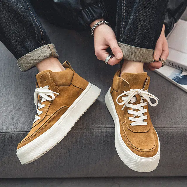 年走索 牛反绒皮 增高厚底休闲 防滑 高帮 板鞋 男款