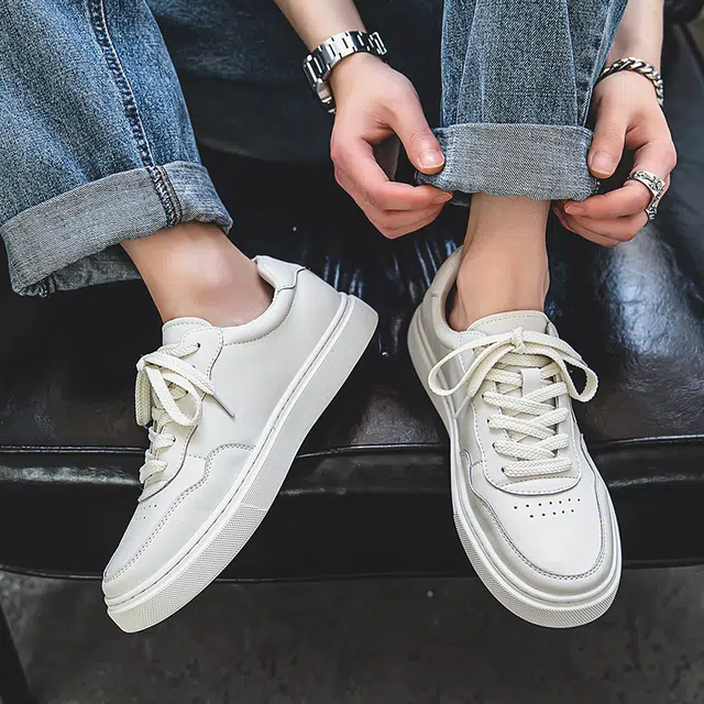 年走索 二层牛皮 潮流平底简约百搭 透气耐磨 低帮 板鞋 男款 白色