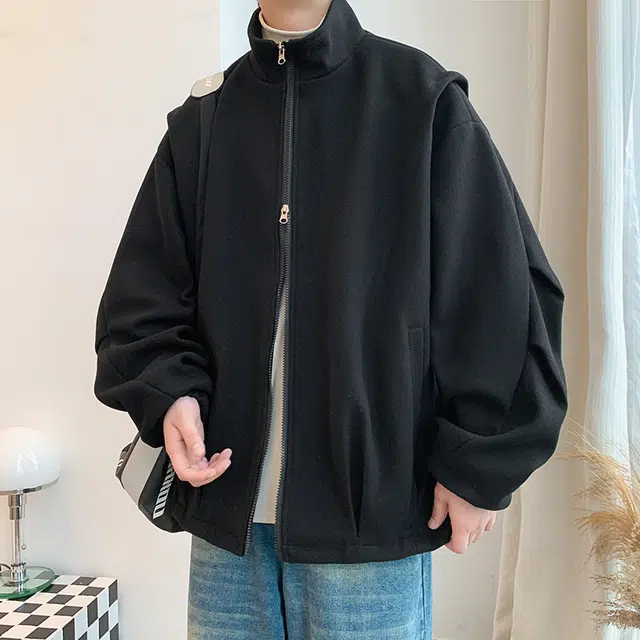 美式复古纯色立领落肩拉链宽松飞行员夹克外套 男女同款