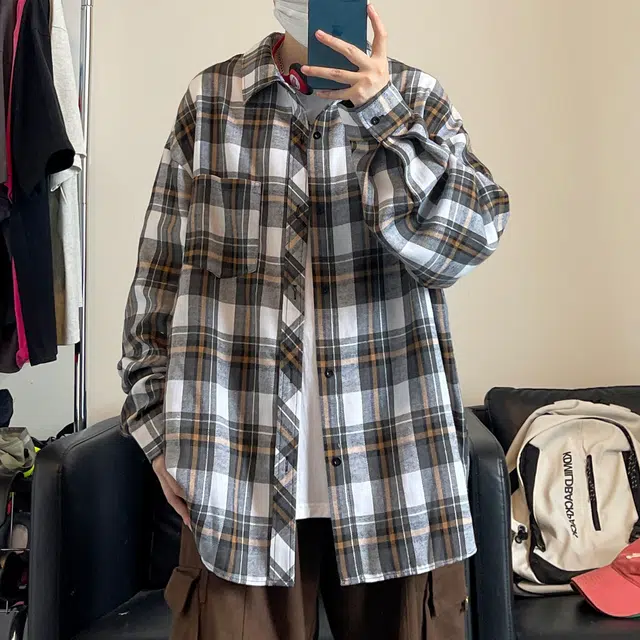 一碗士多 美式复古宽松百搭格子衬衣外套衬衫 男女同款