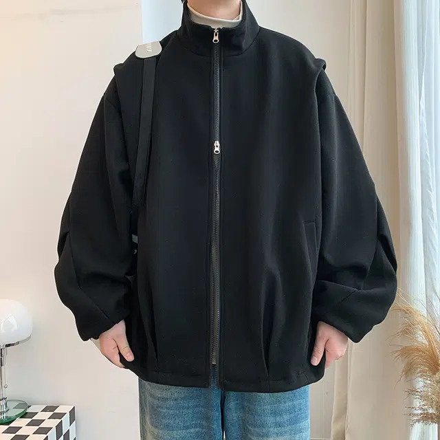 美式复古纯色立领落肩拉链宽松飞行员夹克外套 男女同款