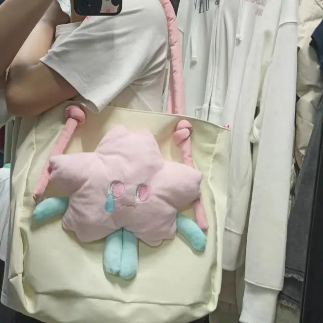 小众设计星星时尚可爱大容量托特包 牛津布 购物袋单肩包 女款 白色/粉色