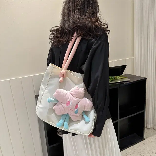 小众设计星星时尚可爱大容量托特包 牛津布 购物袋单肩包 女款 白色/粉色