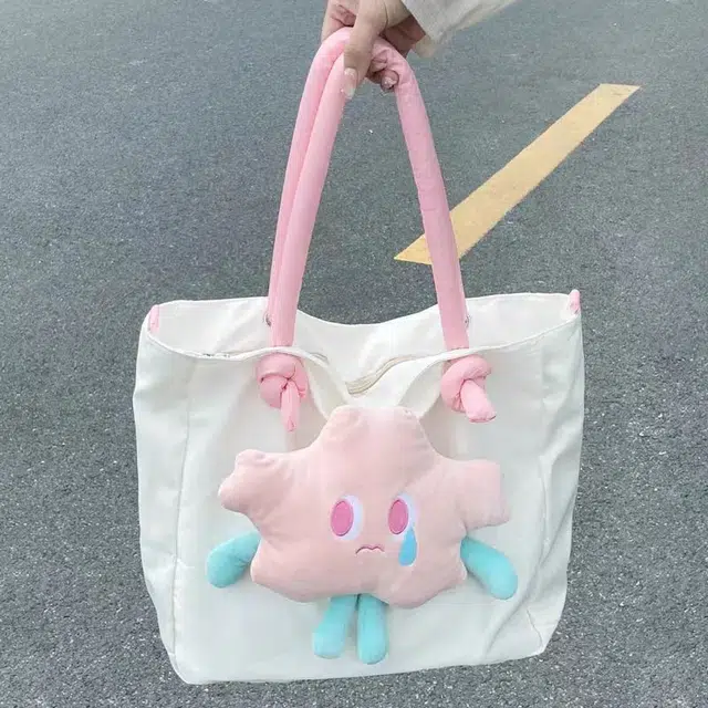 小众设计星星时尚可爱大容量托特包 牛津布 购物袋单肩包 女款 白色/粉色