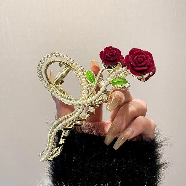 新中式挽发珍珠高级感红色玫瑰花朵抓夹后脑勺国风鲨鱼夹 发夹 女款