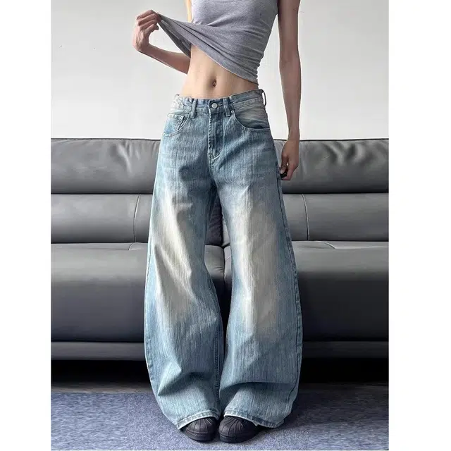 么宁 美式复古高街竹节纹做旧弯刀直筒微喇廓形长裤子牛仔裤 女款