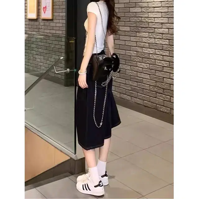 么宁 美式复古阔腿松弛宽松显瘦水洗直筒七分裤子牛仔短裤 女款
