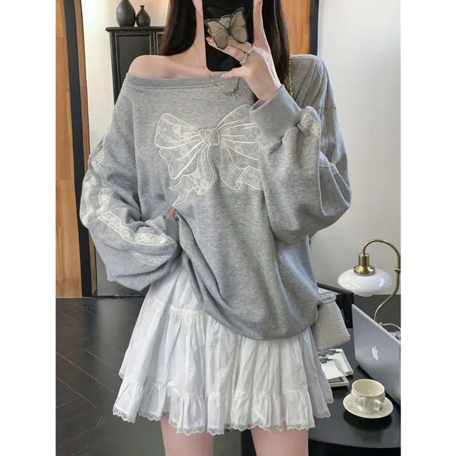 么宁 露肩蝴蝶结设计感蕾丝花边韩系上衣女长袖宽松卫衣 女款