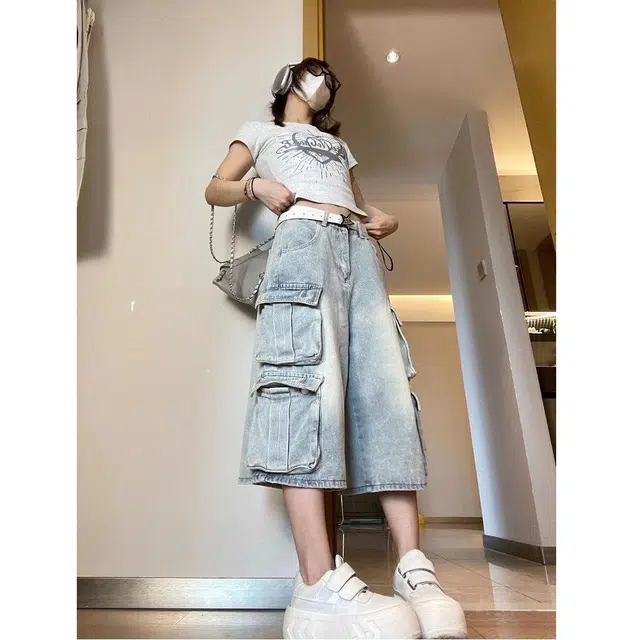 么宁 美式复古水洗做旧多口袋工装设计感阔腿裤牛仔裤 女款
