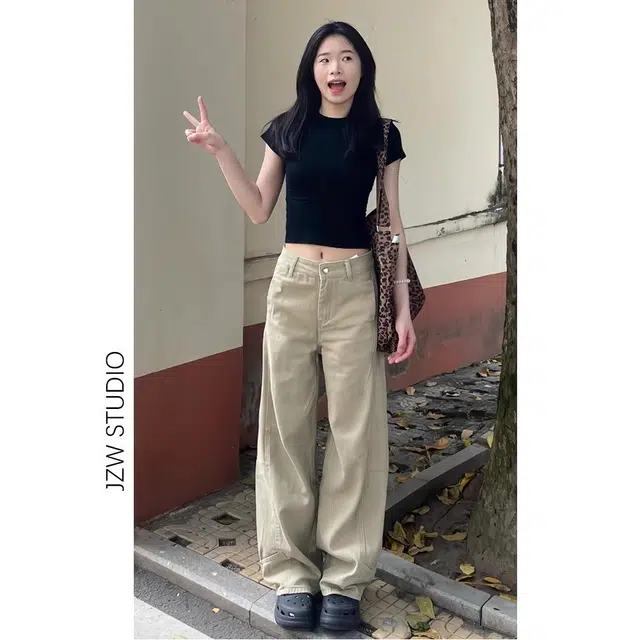 么宁 适中高腰宽松阔腿牛仔裤 女款