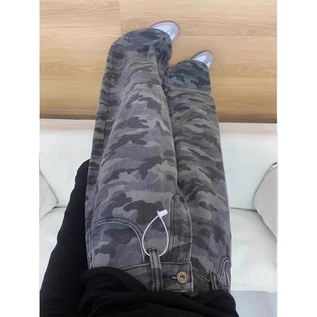 么宁 美式工装高腰显瘦阔腿拖地裤子潮休闲裤 男女同款 迷彩