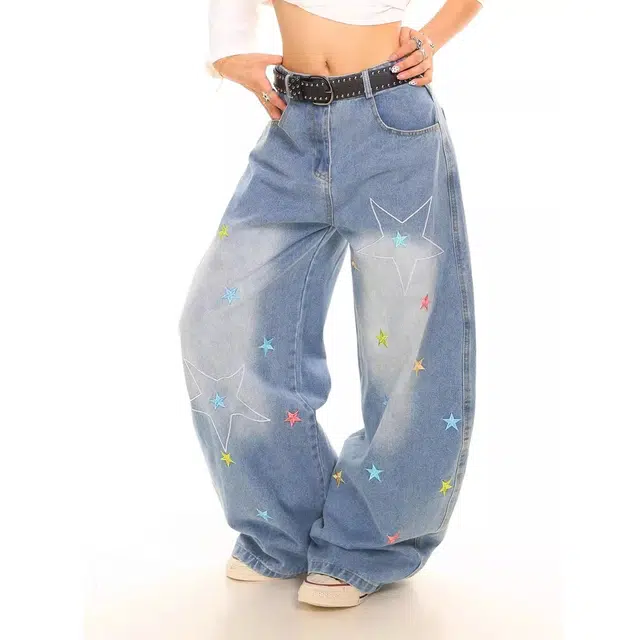 么宁 美式复古星星刺绣宽松阔腿水洗做旧廓形弯刀裤牛仔裤 女款