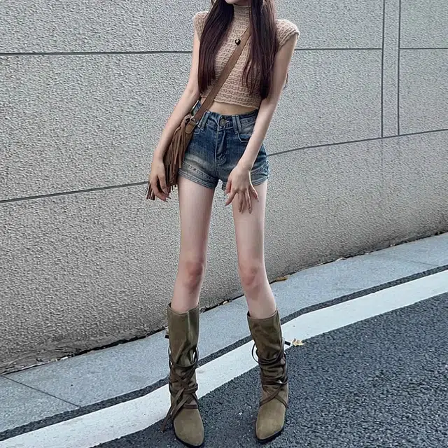 么宁 美式紧身显瘦超短款辣妹热裤子牛仔短裤 女款 复古蓝