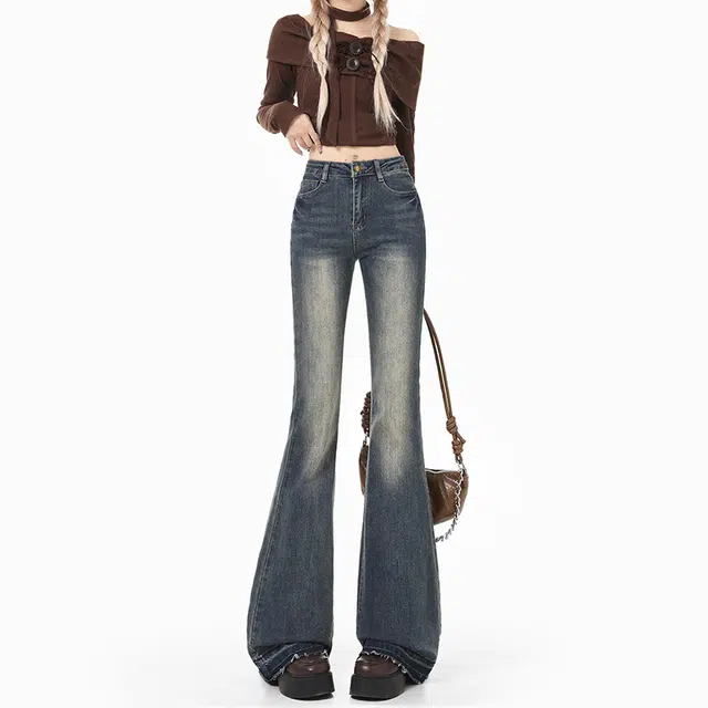 么宁 美式加绒加厚保暖水洗复古微喇叭马蹄裤高腰显高显瘦小个子显腿长修身潮流百搭甜酷风辣妹牛仔裤 女款