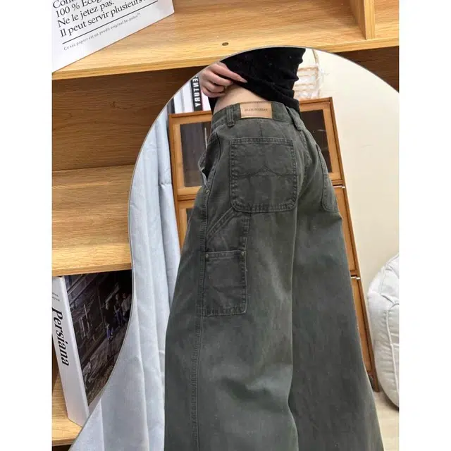 么宁 绿色阔腿工装微喇美式高腰宽松显瘦垂感拖地裤子牛仔裤 女款