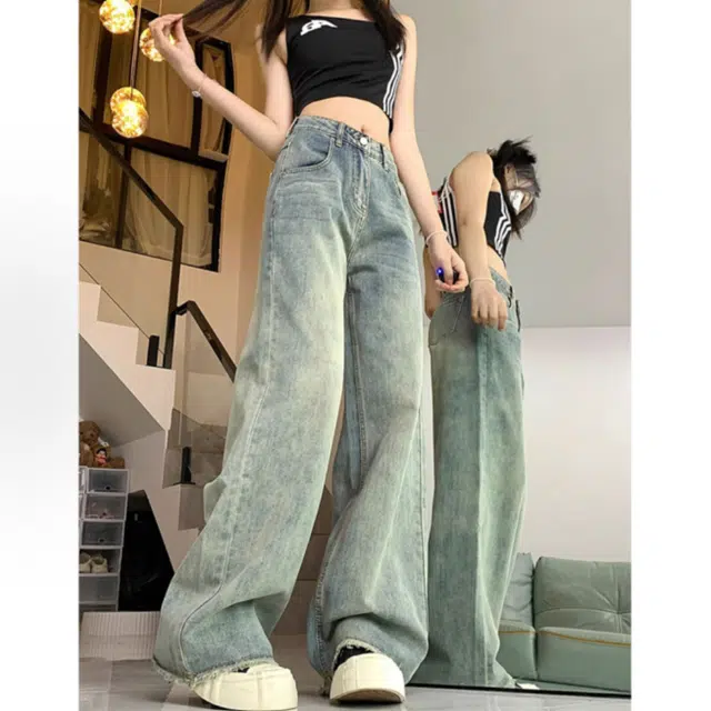 么宁 美式高街复古毛边设计感高腰阔腿裤宽松显瘦直筒拖地裤子做旧简约舒适牛仔裤 女款