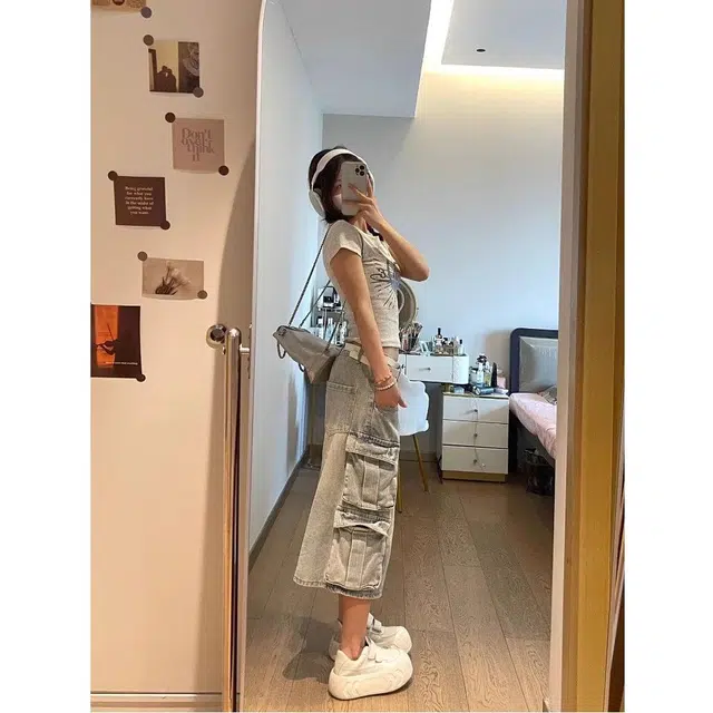 么宁 美式复古水洗做旧多口袋工装设计感阔腿裤牛仔裤 女款