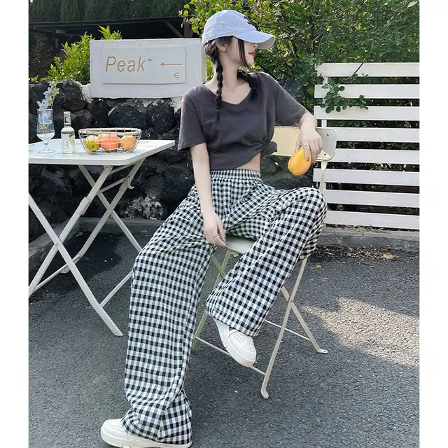 依钗 韩系慵懒透气格子阔腿裤设计感休闲裤 女款