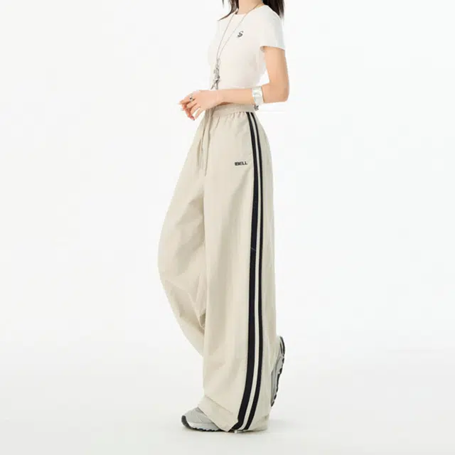 么宁 美式撞色高腰时尚经典气质百搭宽松阔腿休闲裤 女款